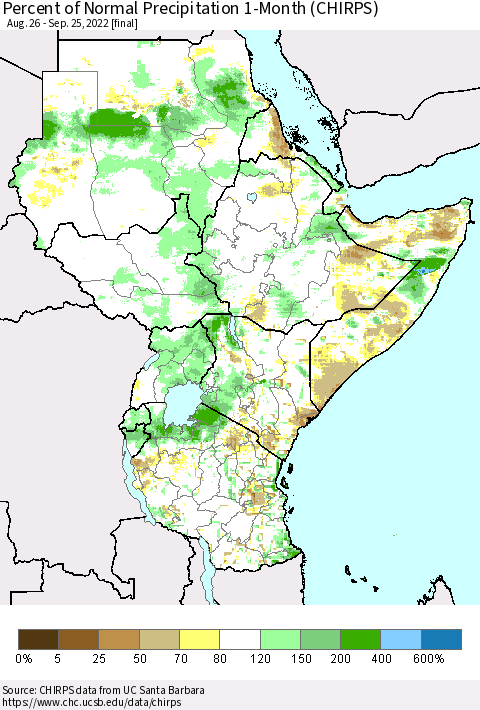 Eastern Africa Percent of Normal Precipitation 1-Month (CHIRPS) Thematic Map For 8/26/2022 - 9/25/2022
