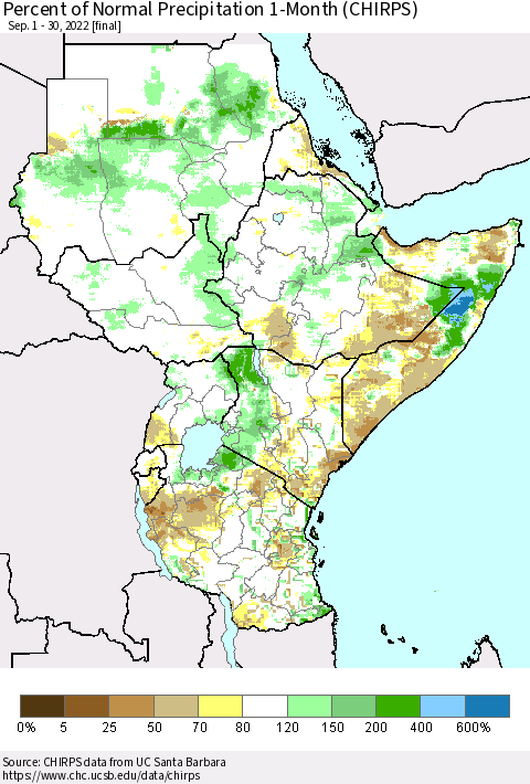 Eastern Africa Percent of Normal Precipitation 1-Month (CHIRPS) Thematic Map For 9/1/2022 - 9/30/2022