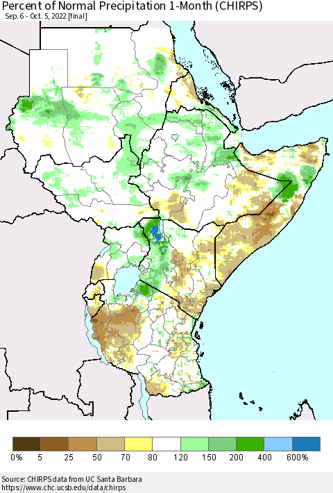 Eastern Africa Percent of Normal Precipitation 1-Month (CHIRPS) Thematic Map For 9/6/2022 - 10/5/2022
