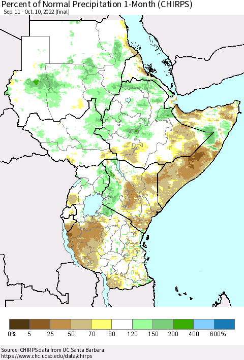 Eastern Africa Percent of Normal Precipitation 1-Month (CHIRPS) Thematic Map For 9/11/2022 - 10/10/2022