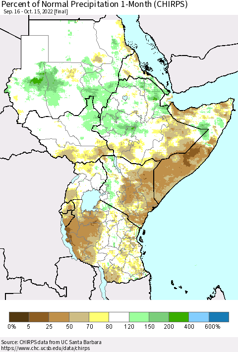 Eastern Africa Percent of Normal Precipitation 1-Month (CHIRPS) Thematic Map For 9/16/2022 - 10/15/2022
