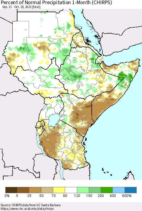Eastern Africa Percent of Normal Precipitation 1-Month (CHIRPS) Thematic Map For 9/21/2022 - 10/20/2022