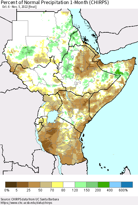 Eastern Africa Percent of Normal Precipitation 1-Month (CHIRPS) Thematic Map For 10/6/2022 - 11/5/2022