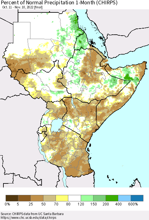 Eastern Africa Percent of Normal Precipitation 1-Month (CHIRPS) Thematic Map For 10/11/2022 - 11/10/2022