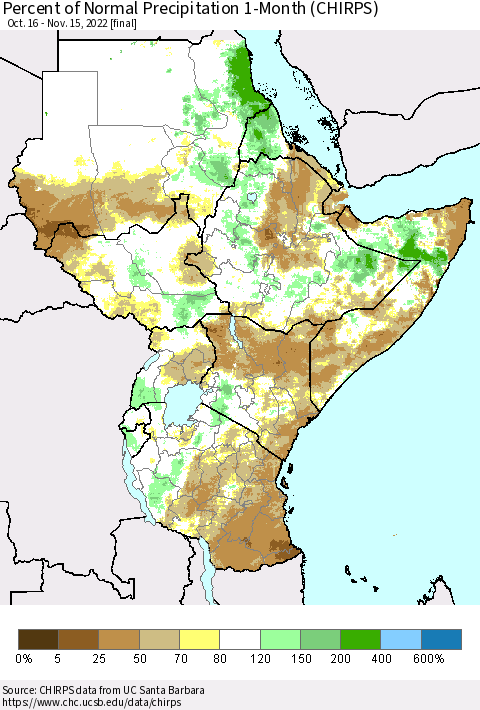 Eastern Africa Percent of Normal Precipitation 1-Month (CHIRPS) Thematic Map For 10/16/2022 - 11/15/2022