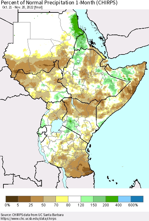 Eastern Africa Percent of Normal Precipitation 1-Month (CHIRPS) Thematic Map For 10/21/2022 - 11/20/2022