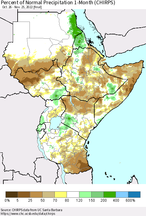 Eastern Africa Percent of Normal Precipitation 1-Month (CHIRPS) Thematic Map For 10/26/2022 - 11/25/2022