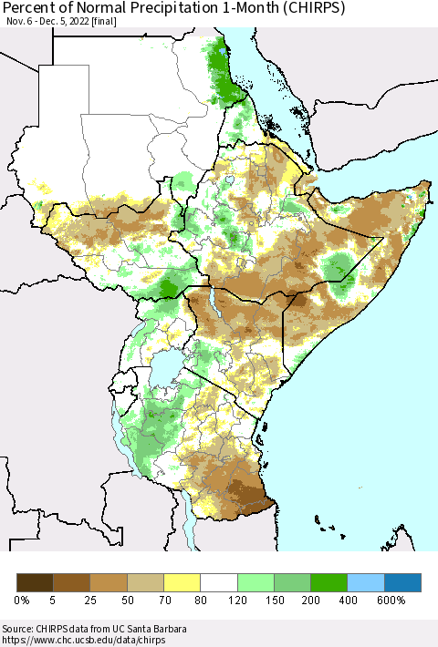 Eastern Africa Percent of Normal Precipitation 1-Month (CHIRPS) Thematic Map For 11/6/2022 - 12/5/2022