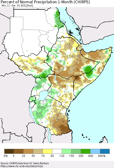 Eastern Africa Percent of Normal Precipitation 1-Month (CHIRPS) Thematic Map For 11/11/2022 - 12/10/2022