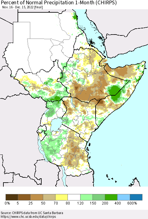 Eastern Africa Percent of Normal Precipitation 1-Month (CHIRPS) Thematic Map For 11/16/2022 - 12/15/2022