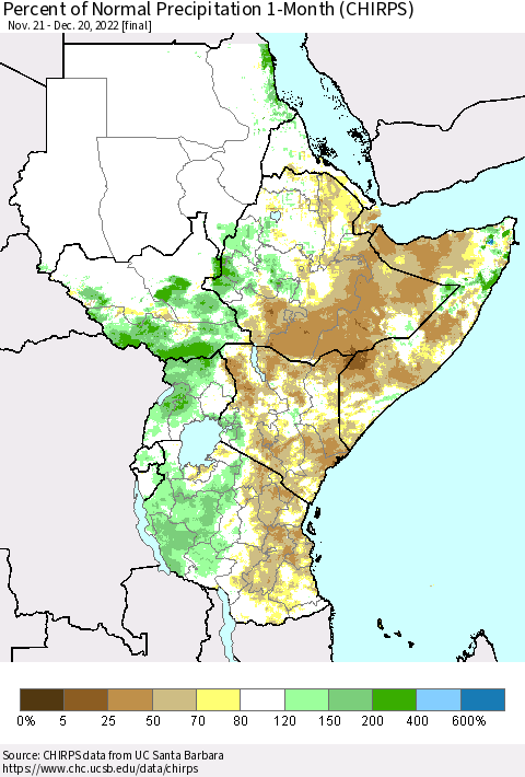 Eastern Africa Percent of Normal Precipitation 1-Month (CHIRPS) Thematic Map For 11/21/2022 - 12/20/2022