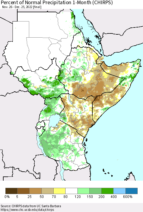 Eastern Africa Percent of Normal Precipitation 1-Month (CHIRPS) Thematic Map For 11/26/2022 - 12/25/2022