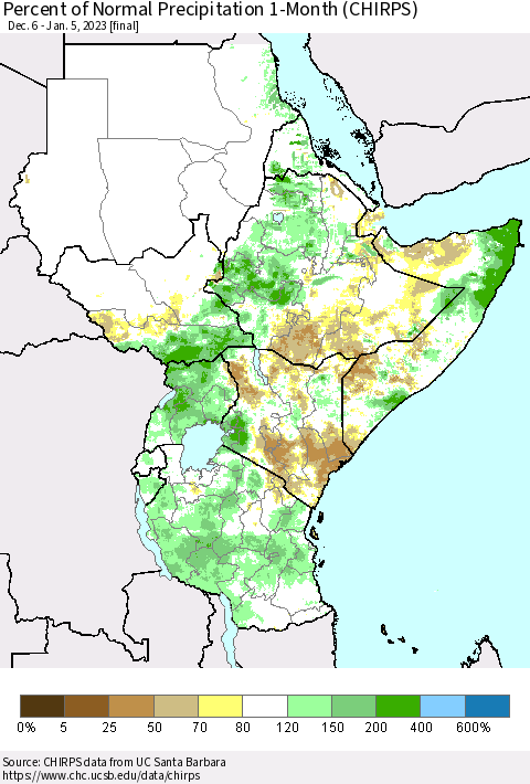Eastern Africa Percent of Normal Precipitation 1-Month (CHIRPS) Thematic Map For 12/6/2022 - 1/5/2023