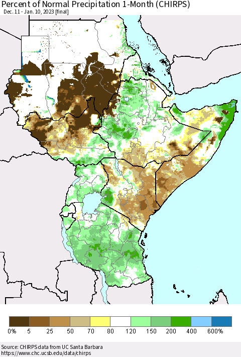 Eastern Africa Percent of Normal Precipitation 1-Month (CHIRPS) Thematic Map For 12/11/2022 - 1/10/2023
