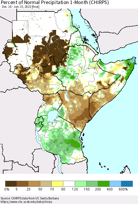 Eastern Africa Percent of Normal Precipitation 1-Month (CHIRPS) Thematic Map For 12/16/2022 - 1/15/2023