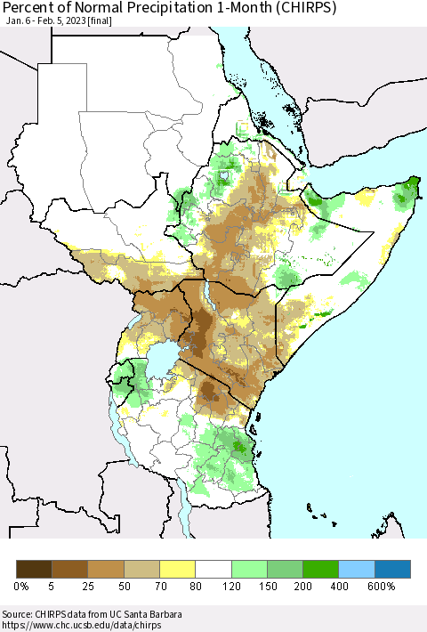 Eastern Africa Percent of Normal Precipitation 1-Month (CHIRPS) Thematic Map For 1/6/2023 - 2/5/2023