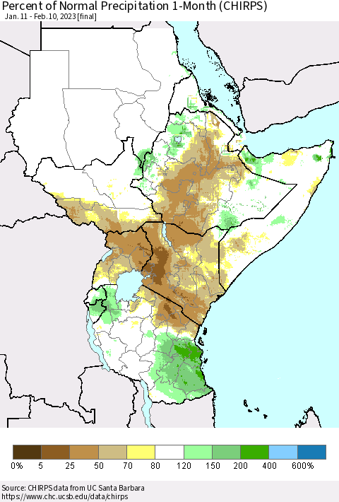 Eastern Africa Percent of Normal Precipitation 1-Month (CHIRPS) Thematic Map For 1/11/2023 - 2/10/2023