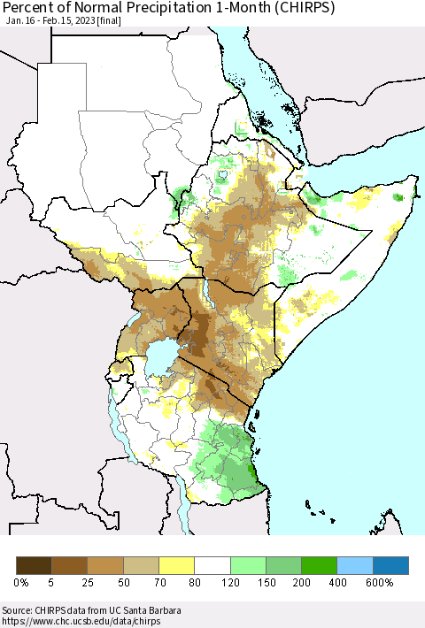 Eastern Africa Percent of Normal Precipitation 1-Month (CHIRPS) Thematic Map For 1/16/2023 - 2/15/2023