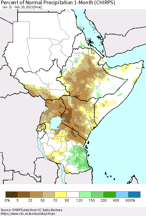 Eastern Africa Percent of Normal Precipitation 1-Month (CHIRPS) Thematic Map For 1/21/2023 - 2/20/2023