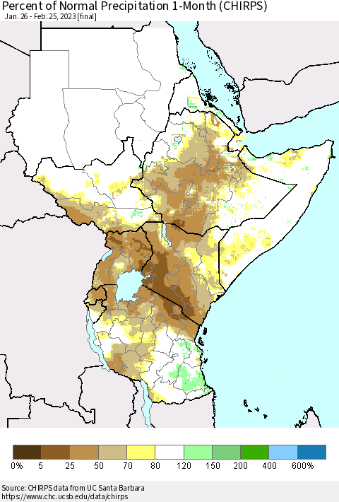Eastern Africa Percent of Normal Precipitation 1-Month (CHIRPS) Thematic Map For 1/26/2023 - 2/25/2023