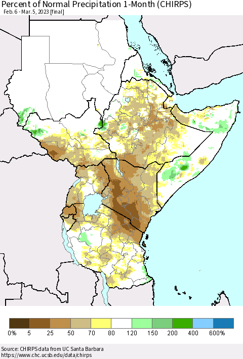 Eastern Africa Percent of Normal Precipitation 1-Month (CHIRPS) Thematic Map For 2/6/2023 - 3/5/2023