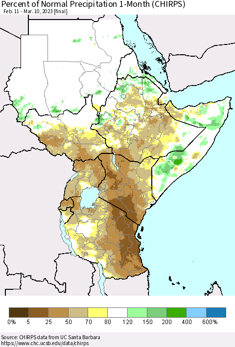 Eastern Africa Percent of Normal Precipitation 1-Month (CHIRPS) Thematic Map For 2/11/2023 - 3/10/2023