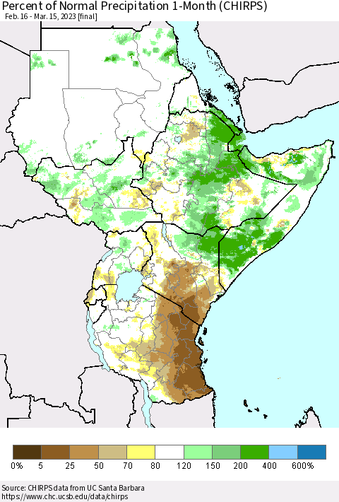 Eastern Africa Percent of Normal Precipitation 1-Month (CHIRPS) Thematic Map For 2/16/2023 - 3/15/2023