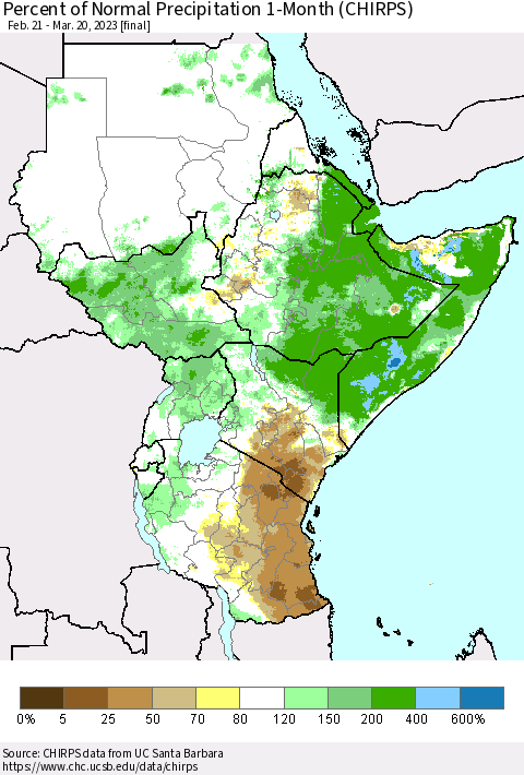 Eastern Africa Percent of Normal Precipitation 1-Month (CHIRPS) Thematic Map For 2/21/2023 - 3/20/2023