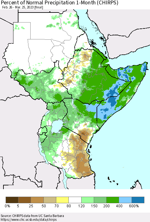 Eastern Africa Percent of Normal Precipitation 1-Month (CHIRPS) Thematic Map For 2/26/2023 - 3/25/2023