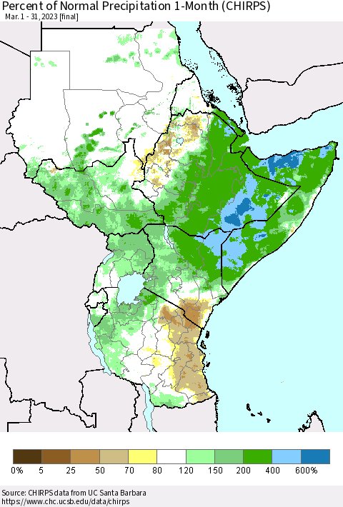 Eastern Africa Percent of Normal Precipitation 1-Month (CHIRPS) Thematic Map For 3/1/2023 - 3/31/2023