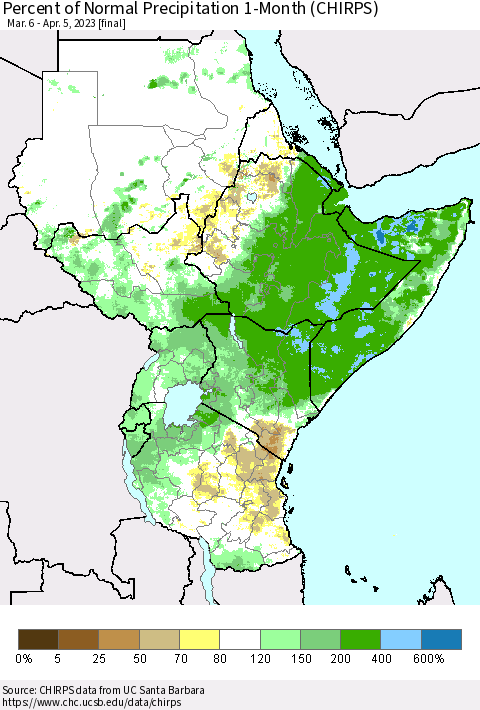 Eastern Africa Percent of Normal Precipitation 1-Month (CHIRPS) Thematic Map For 3/6/2023 - 4/5/2023