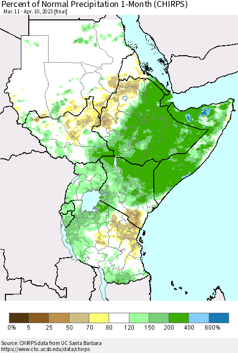 Eastern Africa Percent of Normal Precipitation 1-Month (CHIRPS) Thematic Map For 3/11/2023 - 4/10/2023