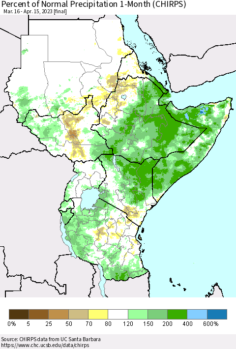 Eastern Africa Percent of Normal Precipitation 1-Month (CHIRPS) Thematic Map For 3/16/2023 - 4/15/2023