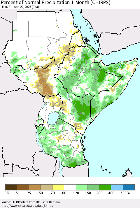 Eastern Africa Percent of Normal Precipitation 1-Month (CHIRPS) Thematic Map For 3/21/2023 - 4/20/2023