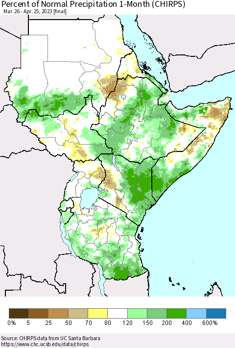 Eastern Africa Percent of Normal Precipitation 1-Month (CHIRPS) Thematic Map For 3/26/2023 - 4/25/2023