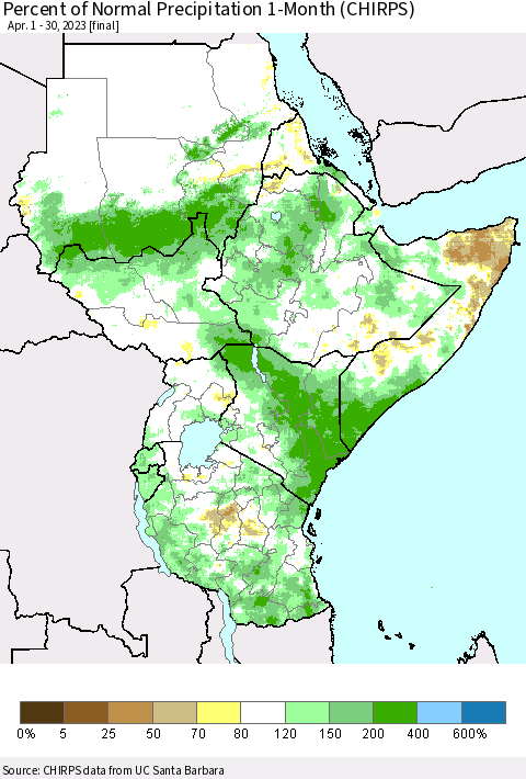 Eastern Africa Percent of Normal Precipitation 1-Month (CHIRPS) Thematic Map For 4/1/2023 - 4/30/2023