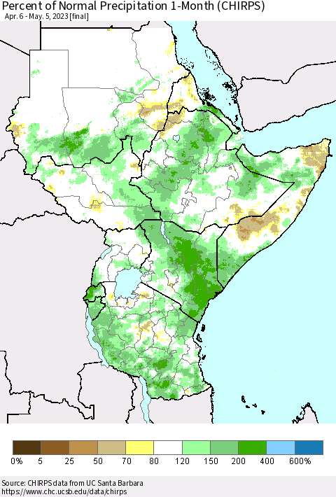 Eastern Africa Percent of Normal Precipitation 1-Month (CHIRPS) Thematic Map For 4/6/2023 - 5/5/2023