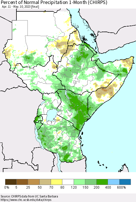 Eastern Africa Percent of Normal Precipitation 1-Month (CHIRPS) Thematic Map For 4/11/2023 - 5/10/2023