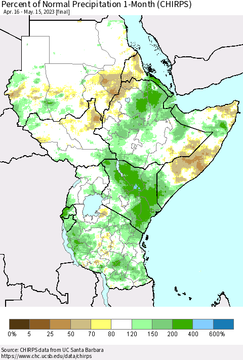 Eastern Africa Percent of Normal Precipitation 1-Month (CHIRPS) Thematic Map For 4/16/2023 - 5/15/2023