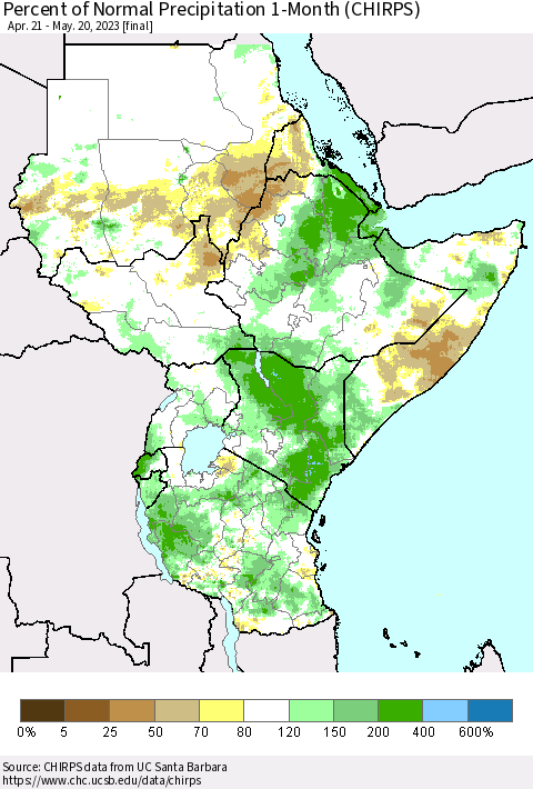 Eastern Africa Percent of Normal Precipitation 1-Month (CHIRPS) Thematic Map For 4/21/2023 - 5/20/2023