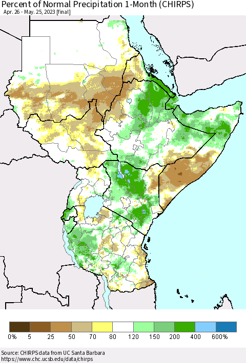 Eastern Africa Percent of Normal Precipitation 1-Month (CHIRPS) Thematic Map For 4/26/2023 - 5/25/2023