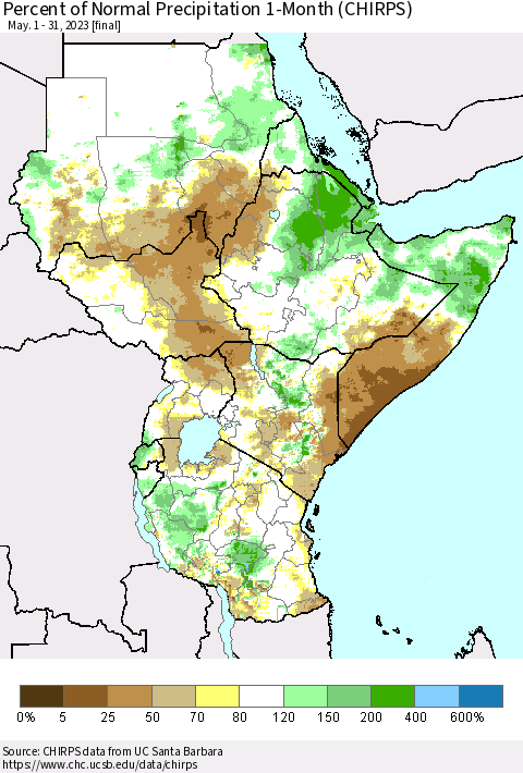 Eastern Africa Percent of Normal Precipitation 1-Month (CHIRPS) Thematic Map For 5/1/2023 - 5/31/2023