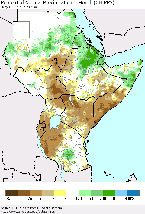 Eastern Africa Percent of Normal Precipitation 1-Month (CHIRPS) Thematic Map For 5/6/2023 - 6/5/2023