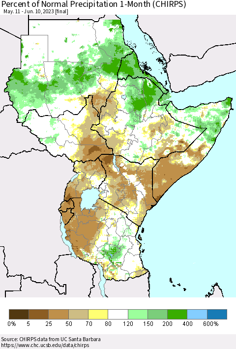 Eastern Africa Percent of Normal Precipitation 1-Month (CHIRPS) Thematic Map For 5/11/2023 - 6/10/2023
