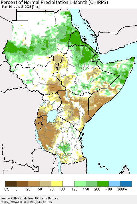 Eastern Africa Percent of Normal Precipitation 1-Month (CHIRPS) Thematic Map For 5/16/2023 - 6/15/2023