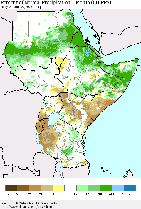 Eastern Africa Percent of Normal Precipitation 1-Month (CHIRPS) Thematic Map For 5/21/2023 - 6/20/2023