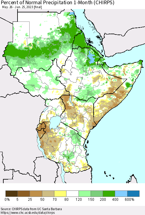 Eastern Africa Percent of Normal Precipitation 1-Month (CHIRPS) Thematic Map For 5/26/2023 - 6/25/2023