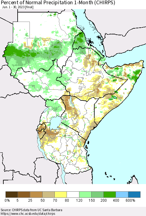 Eastern Africa Percent of Normal Precipitation 1-Month (CHIRPS) Thematic Map For 6/1/2023 - 6/30/2023