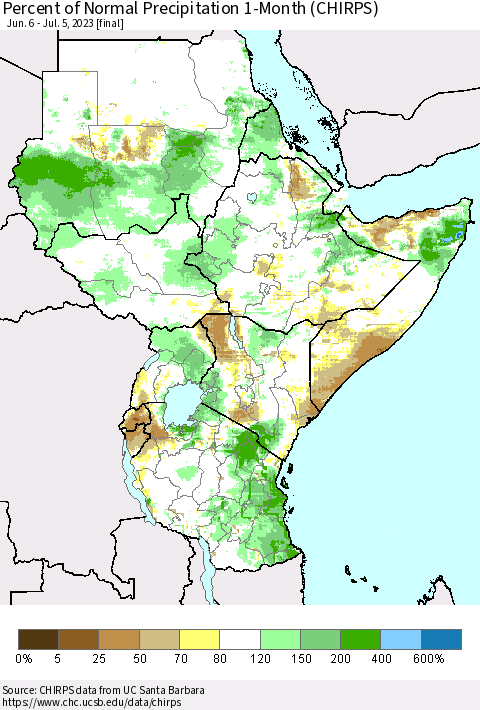 Eastern Africa Percent of Normal Precipitation 1-Month (CHIRPS) Thematic Map For 6/6/2023 - 7/5/2023