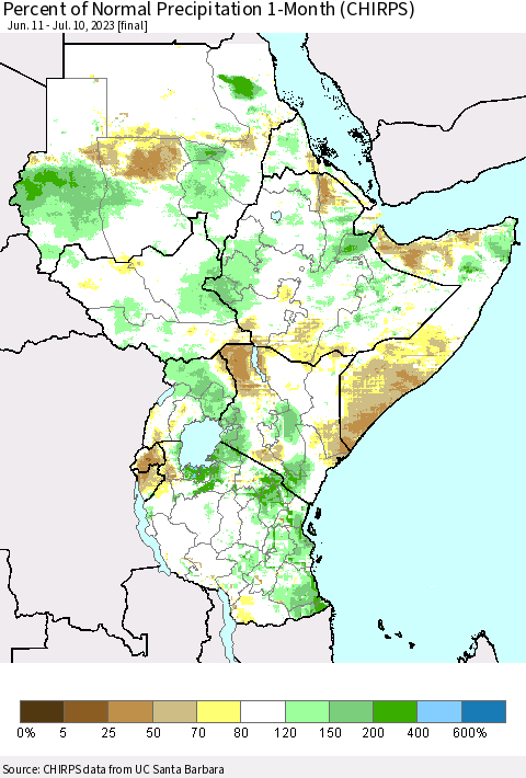 Eastern Africa Percent of Normal Precipitation 1-Month (CHIRPS) Thematic Map For 6/11/2023 - 7/10/2023